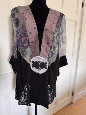 Vintage SPENCER ALEXIS Black Lace & Lavender Embellished Kimono